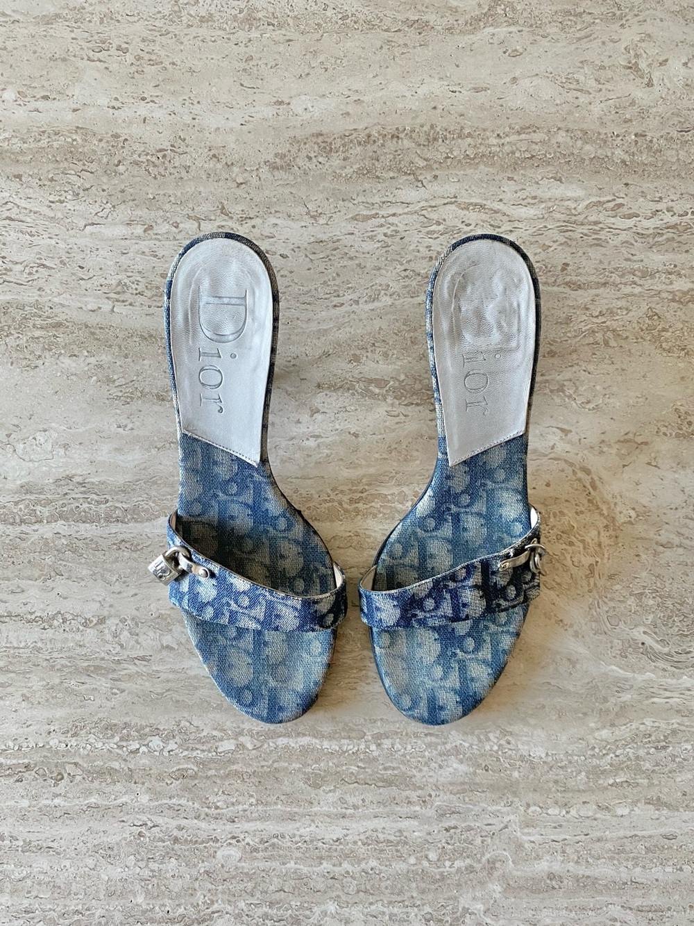 Vintage Dior Trotter Denim Key Lock Sandal Mule Heels - Picture 2 of 10